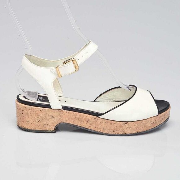Fendi White/Black Patent Leather Platform Ankle Wrap Sandals Size 8/38.5 - Picture 4 of 5